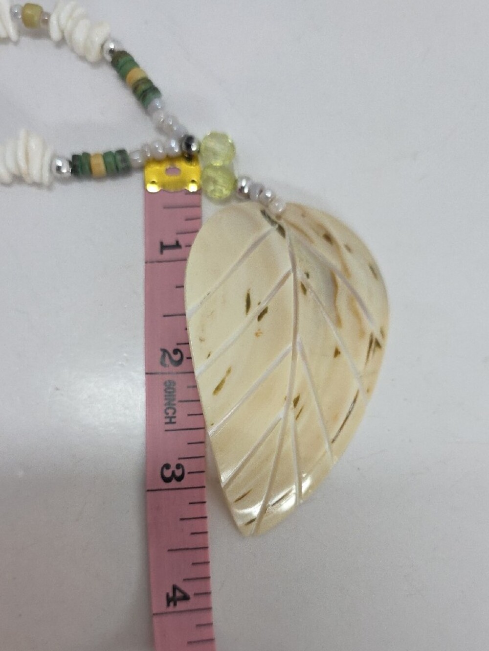 Hand Crafted Green, White and Beige Leaf Pendant Necklace - Picture 10 of 10